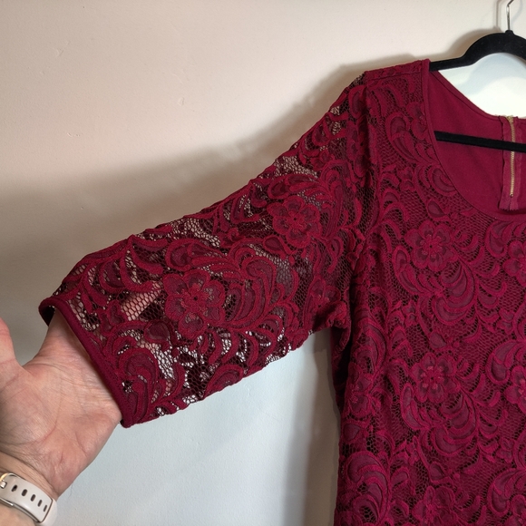 Roz & Ali Dressbarn Lace Blouse 3/4 Sleeve Dark Cherry Red Size 2X - Picture 8 of 10